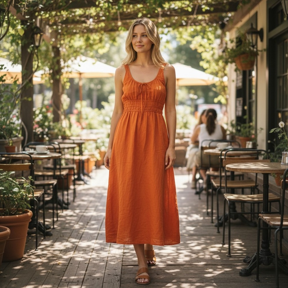 J.Crew Womens Orange 100% Linen Smocked Waist Tie Front Midi Dress XS